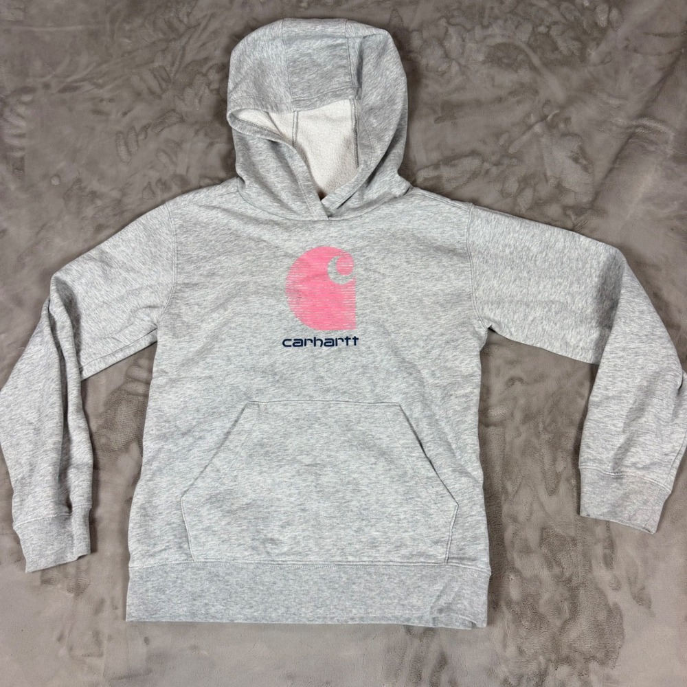 Carhartt Girls Heather Gray Pink Logo Pullover Hoodie Sweatshirt Size L 12